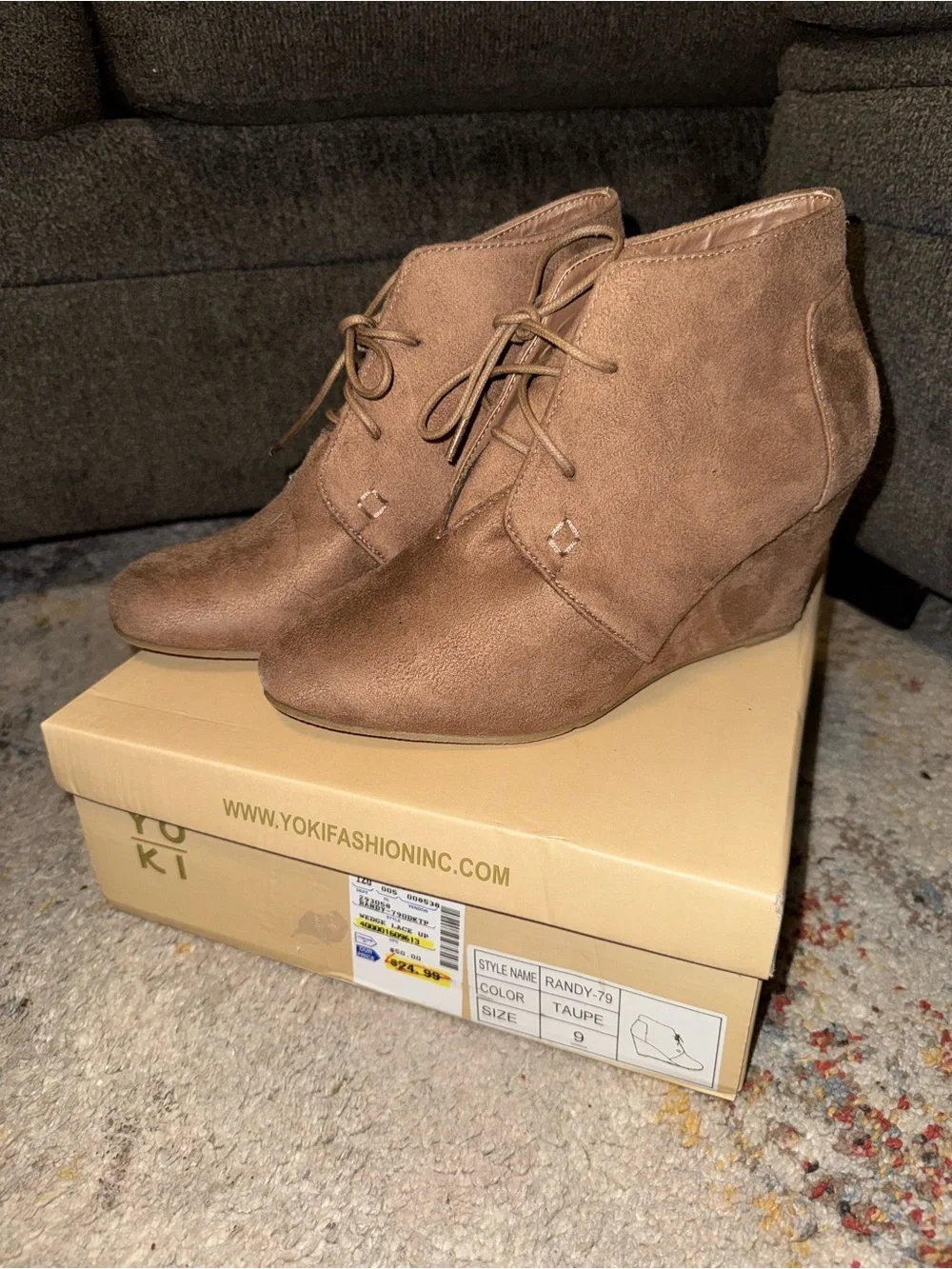 Yoki Taupe Lace-Up Suede Wedge Ankle Boots